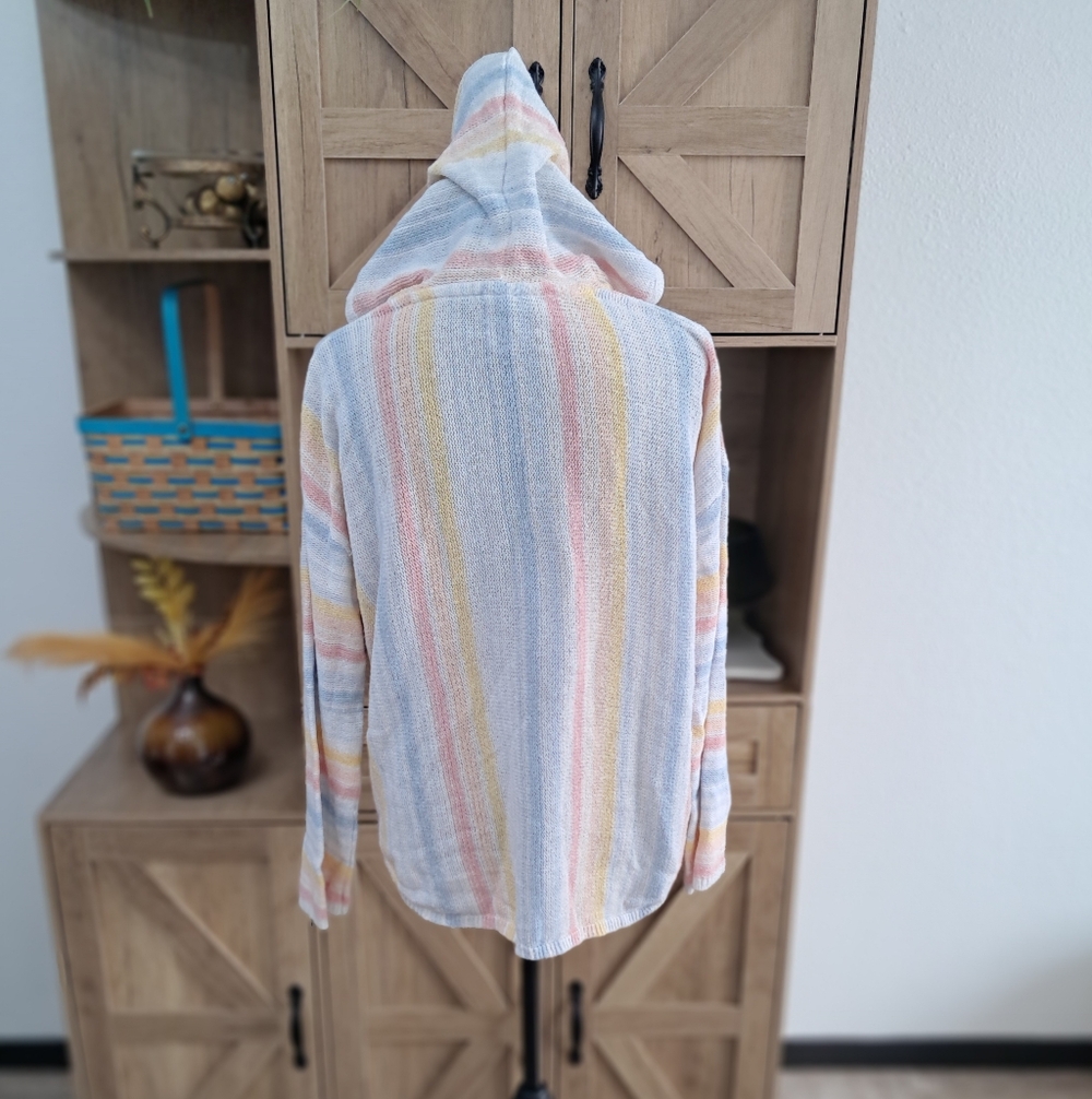 Bucees Knit Hooded Sweater Pastel Colors Striped V-Neck Long Sleeve Beachy Boho - Picture 9 of 12